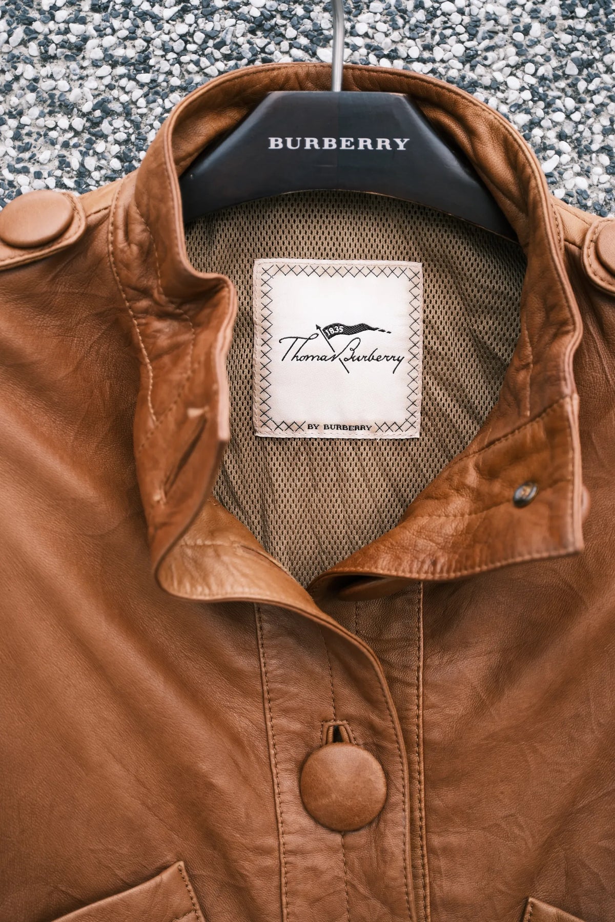 Thomas Burberry 2000s 復古焦糖色大鈕釦立領小羊皮皮衣外套
