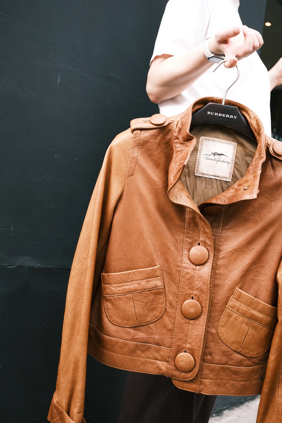 Thomas Burberry 2000s 復古焦糖色大鈕釦立領小羊皮皮衣外套
